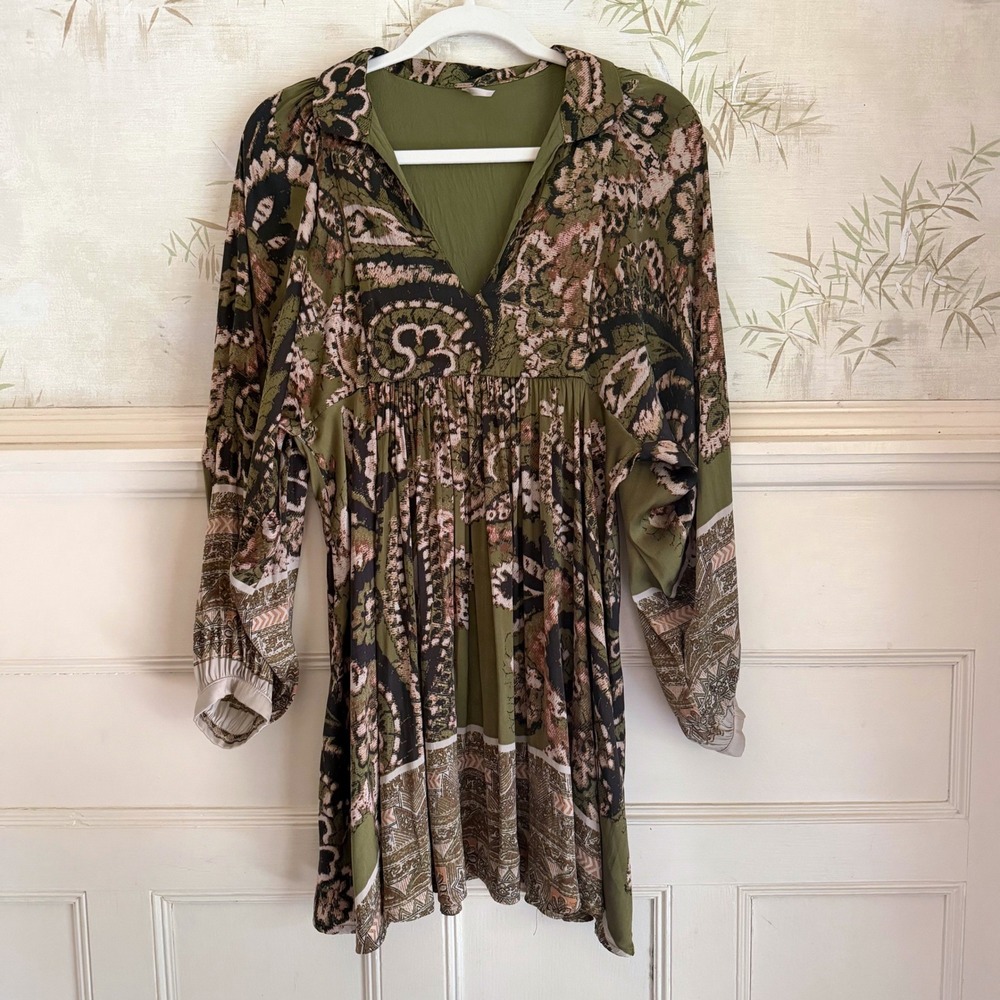 Free People Green Paisley Babydoll Mini Dress Long Sleeve V-Neck Boho